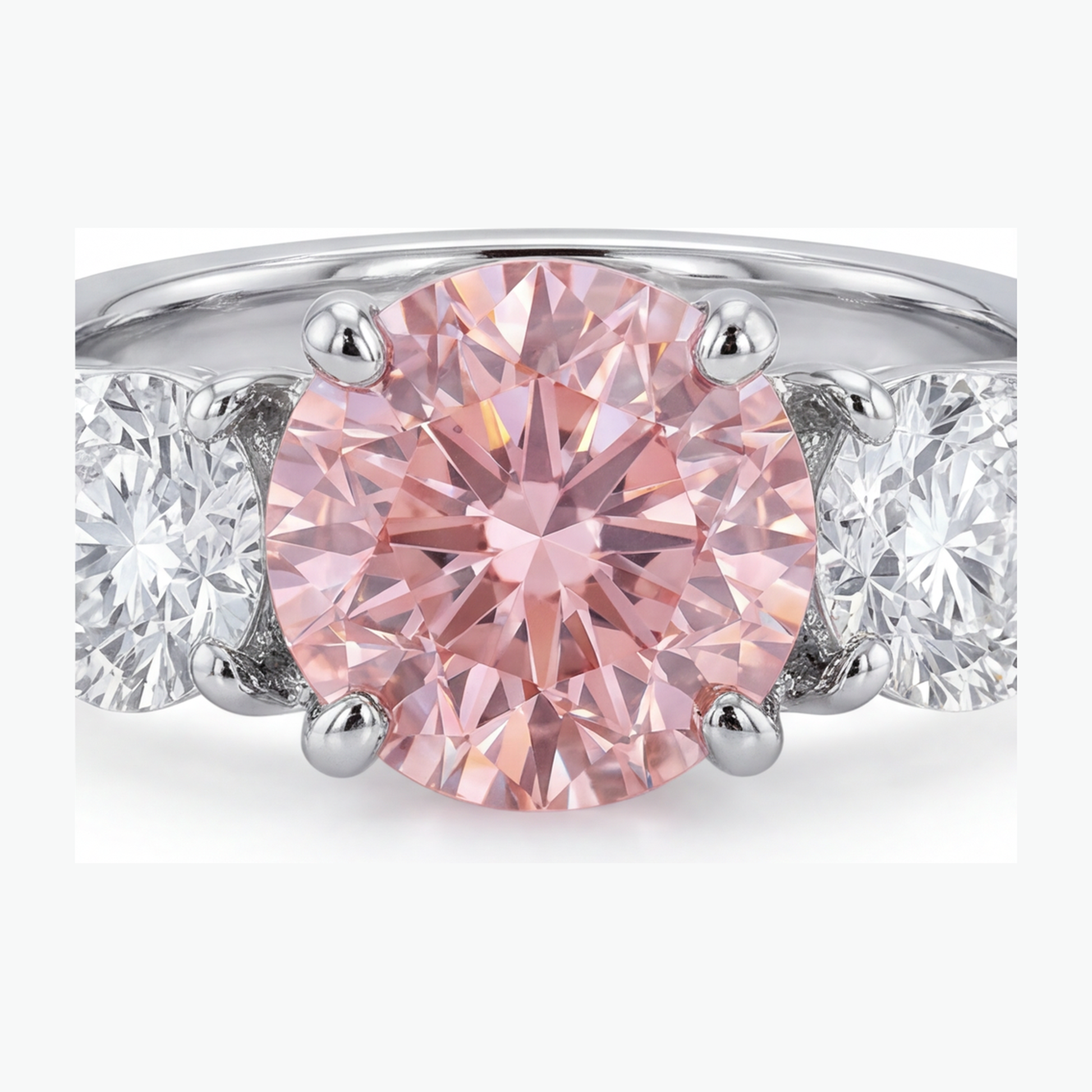 2.5 Carat Round Pink Lab Grown Diamond and White Diamond Three Stone Ring 14K White Gold