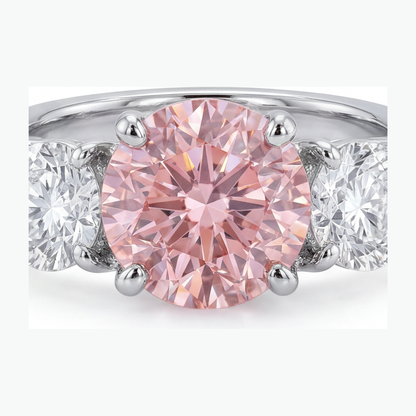 2.5 Carat Round Pink Lab Grown Diamond and White Diamond Three Stone Ring 14K White Gold