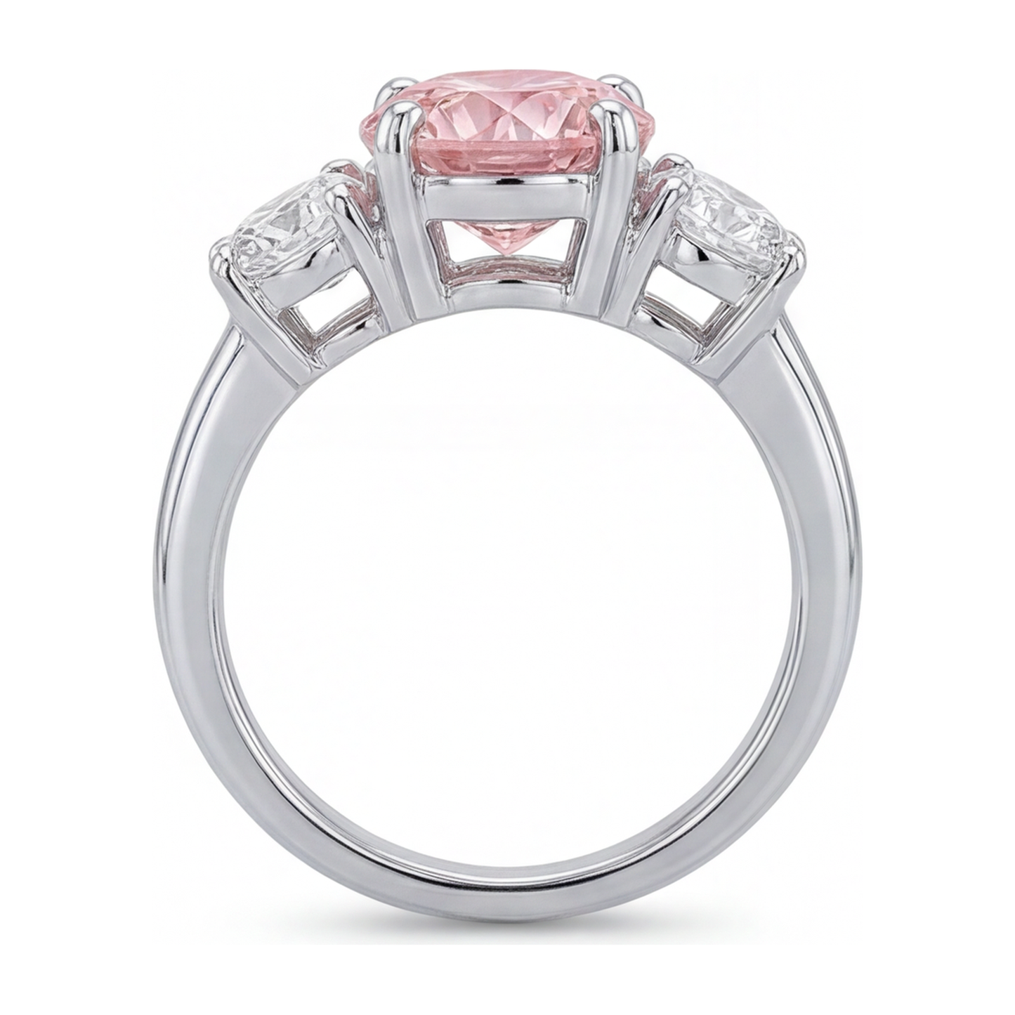 2.5 Carat Round Pink Lab Grown Diamond and White Diamond Three Stone Ring 14K White Gold