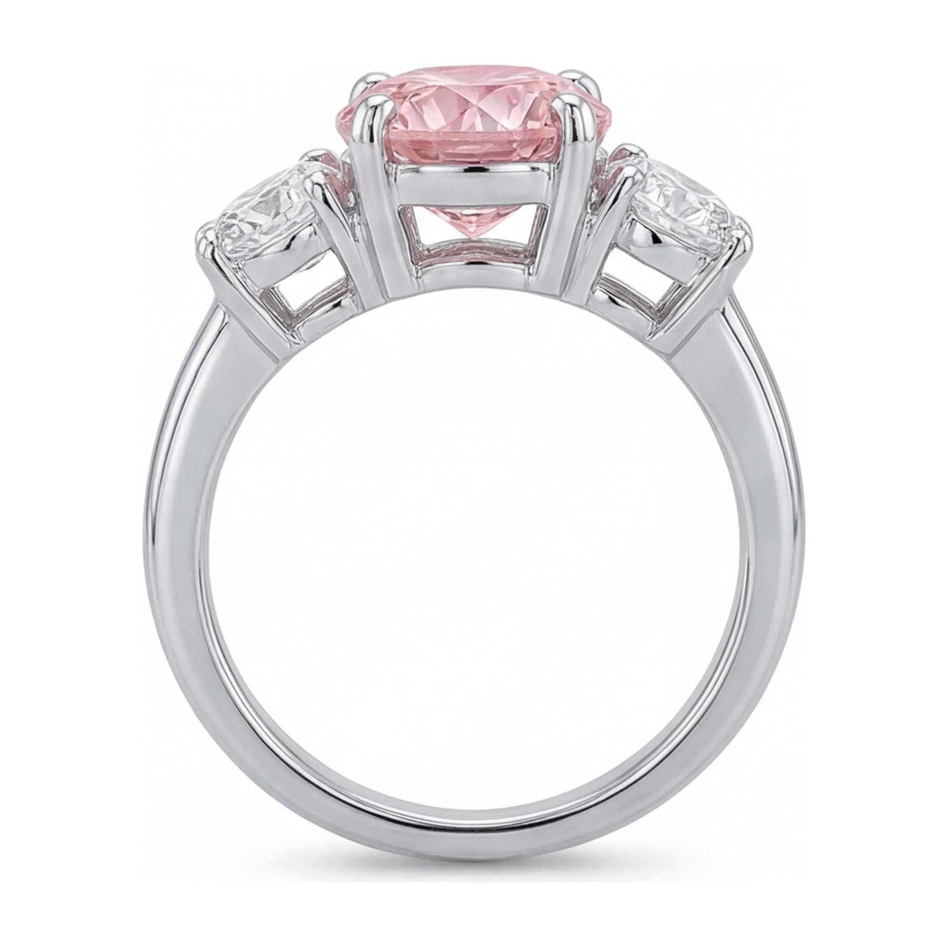 2.5 Carat Round Pink Lab Grown Diamond and White Diamond Three Stone Ring 14K White Gold