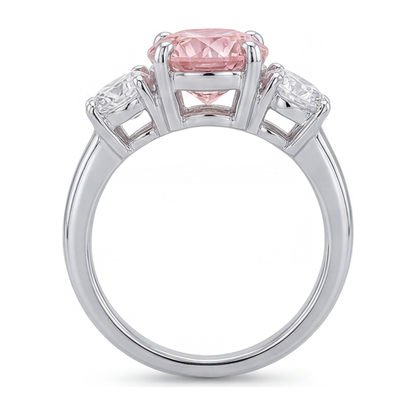 2.5 Carat Round Pink Lab Grown Diamond and White Diamond Three Stone Ring 14K White Gold