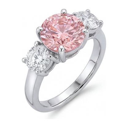 2.5 Carat Round Pink Lab Grown Diamond and White Diamond Three Stone Ring 14K White Gold