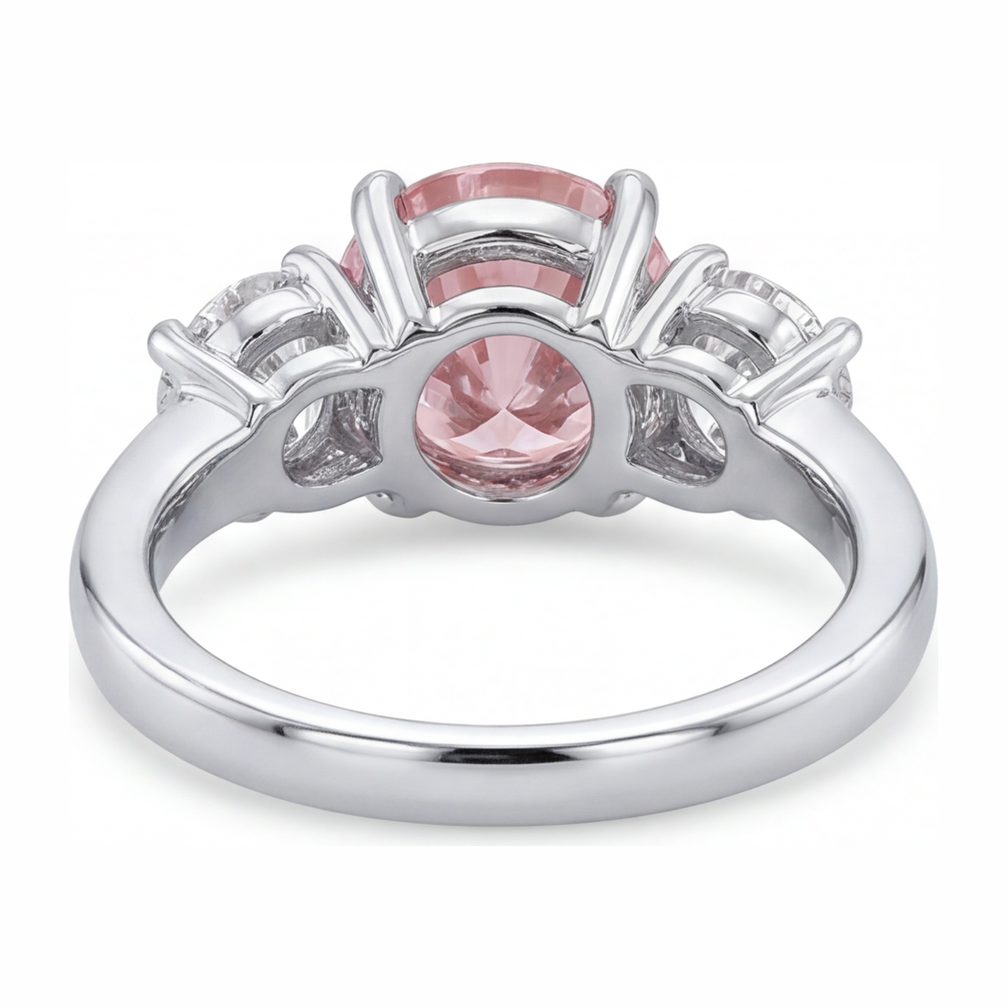 2.5 Carat Round Pink Lab Grown Diamond and White Diamond Three Stone Ring 14K White Gold
