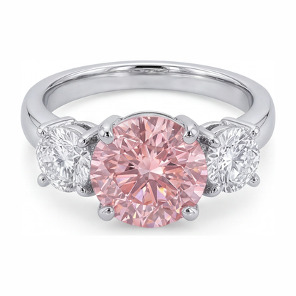 2.5 Carat Round Pink Lab Grown Diamond and White Diamond Three Stone Ring 14K White Gold