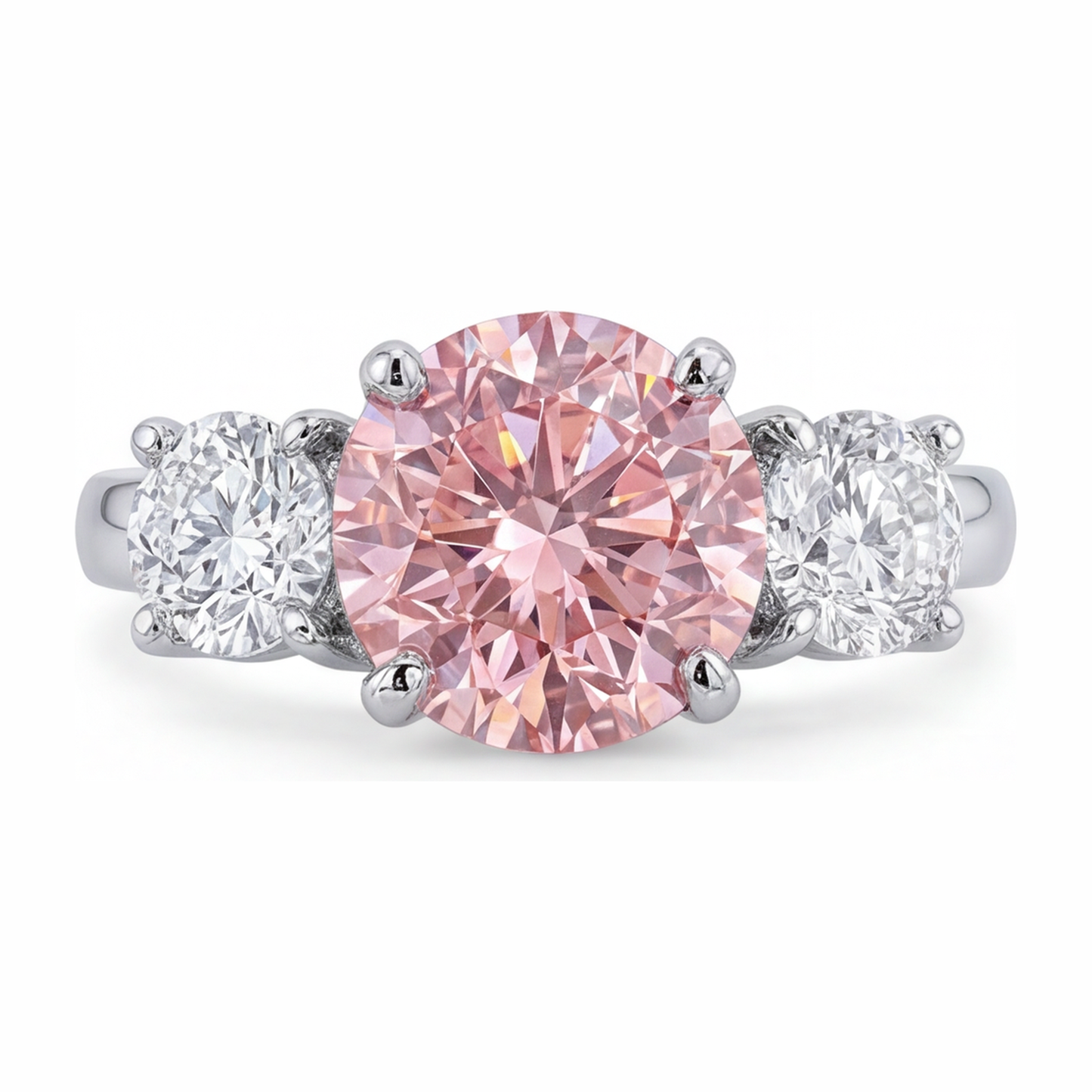 2.5 Carat Round Pink Lab Grown Diamond and White Diamond Three Stone Ring 14K White Gold