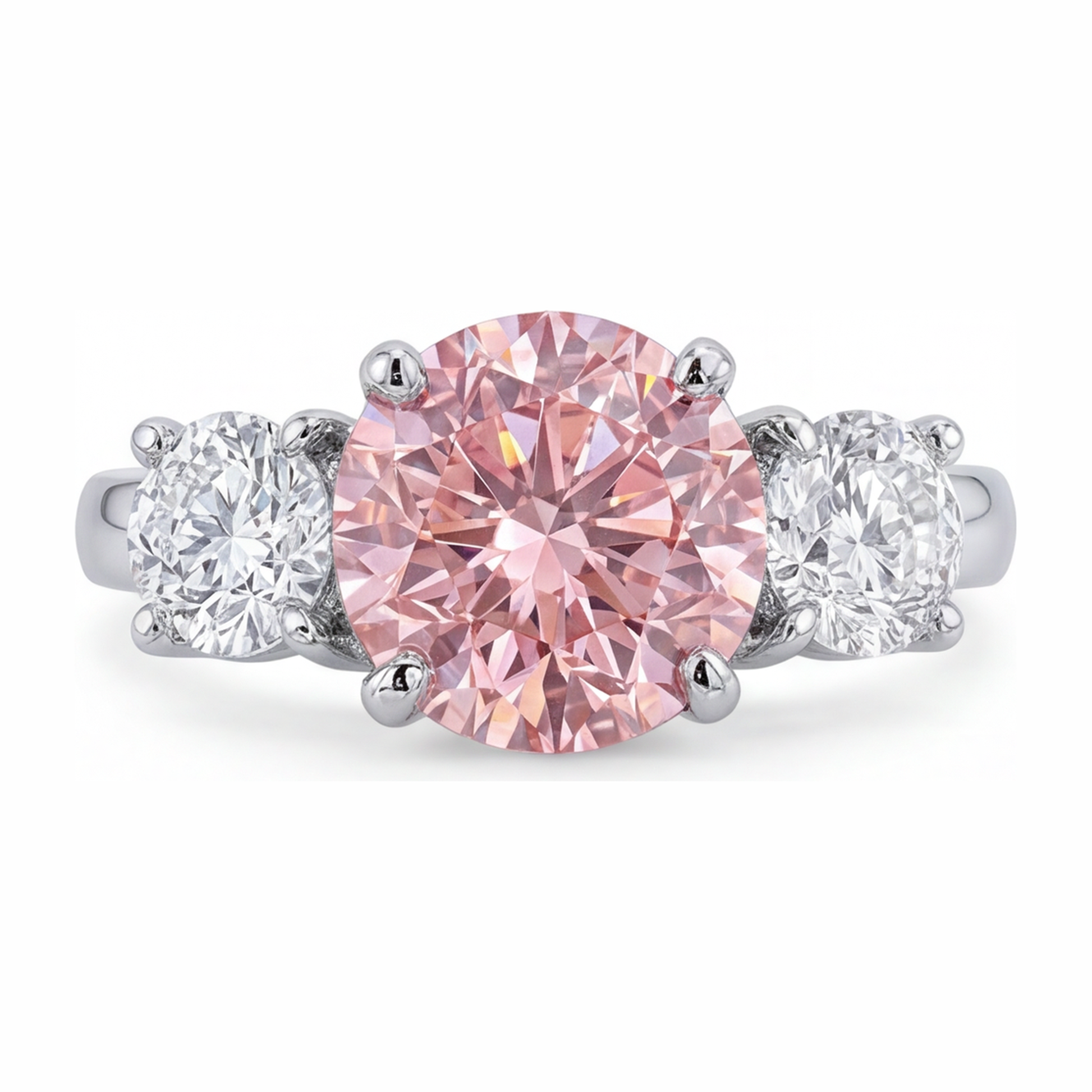 2.5 Carat Round Pink Lab Grown Diamond and White Diamond Three Stone Ring 14K White Gold