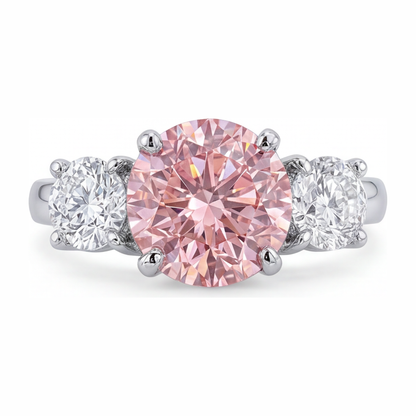 2.5 Carat Round Pink Lab Grown Diamond and White Diamond Three Stone Ring 14K White Gold