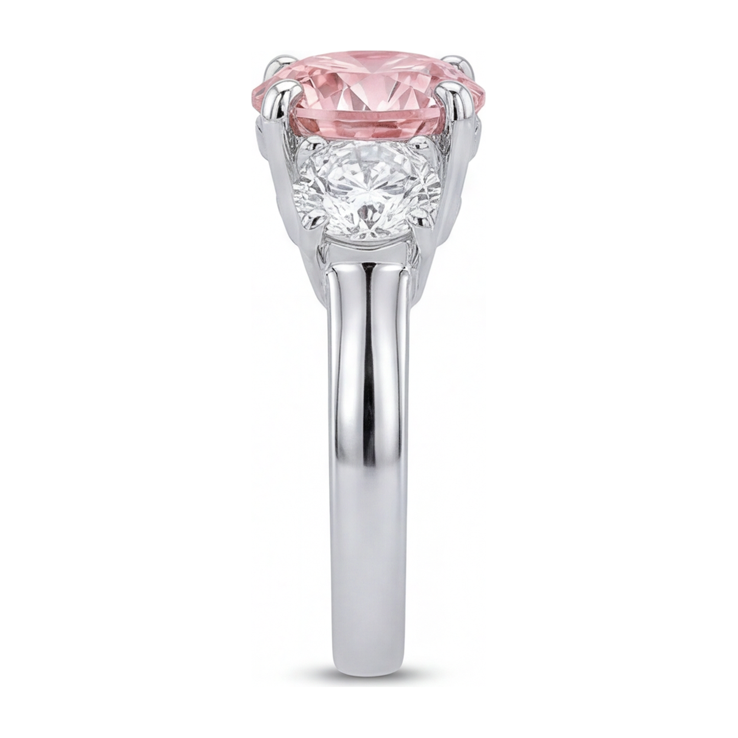 2.5 Carat Round Pink Lab Grown Diamond and White Diamond Three Stone Ring 14K White Gold