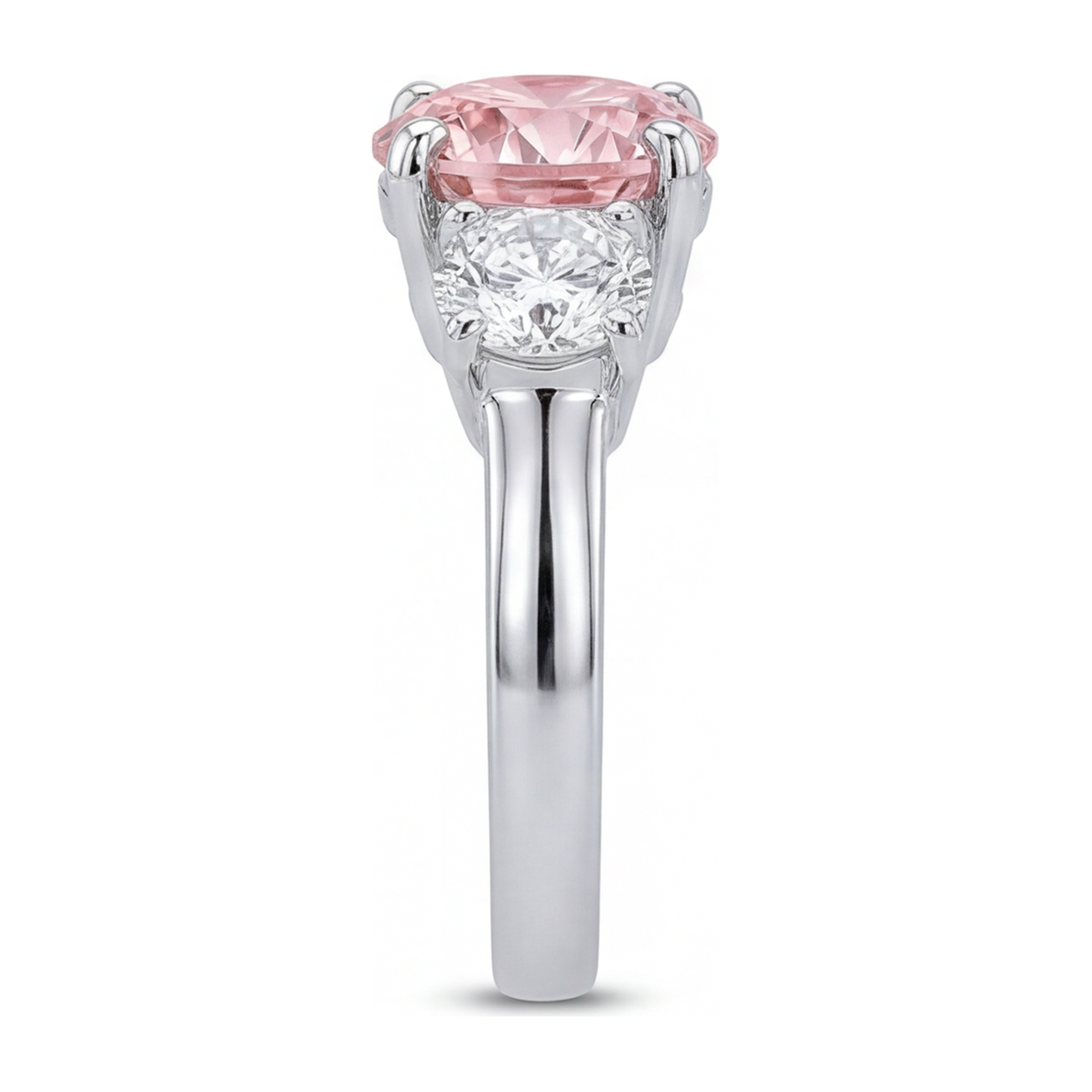 2.5 Carat Round Pink Lab Grown Diamond and White Diamond Three Stone Ring 14K White Gold