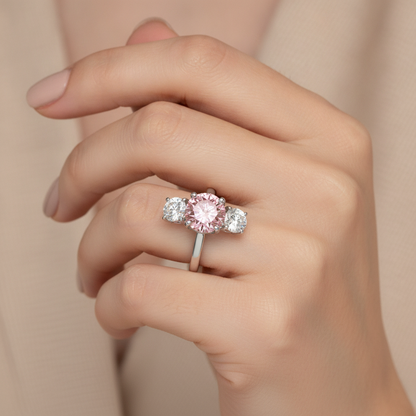 2.5 Carat Round Pink Lab Grown Diamond and White Diamond Three Stone Ring 14K White Gold worn