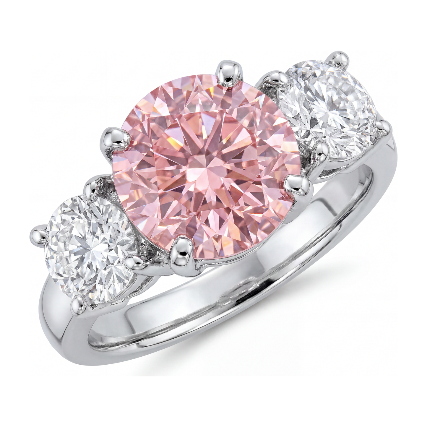 2.5 Carat Round Pink Lab Grown Diamond and White Diamond Three Stone Ring 14K White Gold