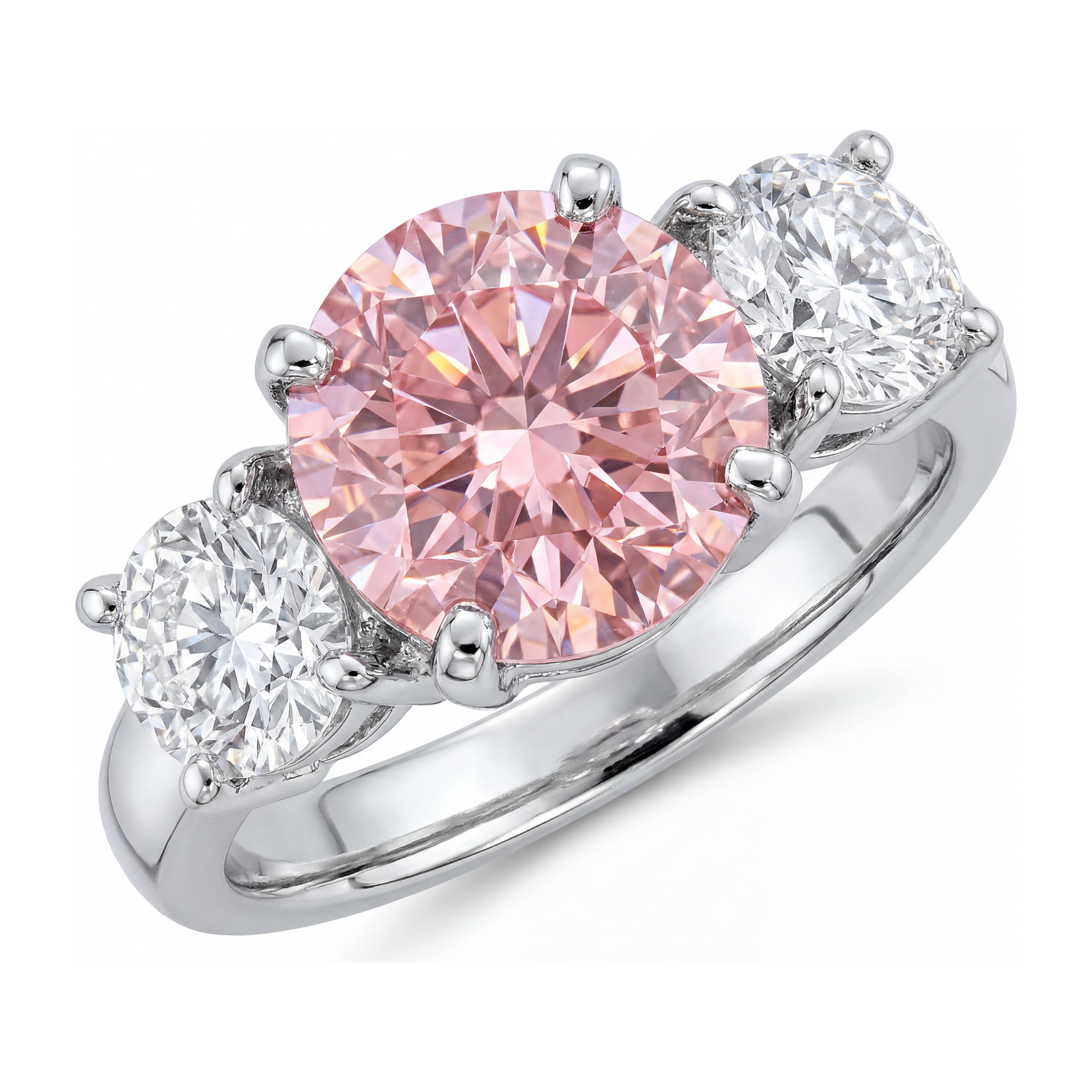 2.5 Carat Round Pink Lab Grown Diamond and White Diamond Three Stone Ring 14K White Gold