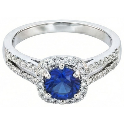 2.50 Carats Blue Sapphire And White Round Natural Earth Mined Diamond Ring White Gold