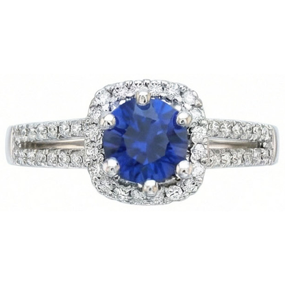 2.50 Carats Blue Sapphire And White Round Natural Earth Mined Diamond Ring White Gold