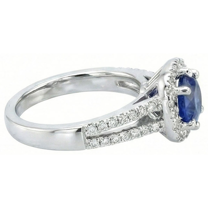 2.50 Carats Blue Sapphire And White Round Natural Earth Mined Diamond Ring White Gold