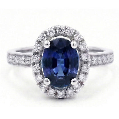 2.50 Carats Ceylon Blue Sapphire And Natural Earth Mined Diamonds Ring White Gold 14K