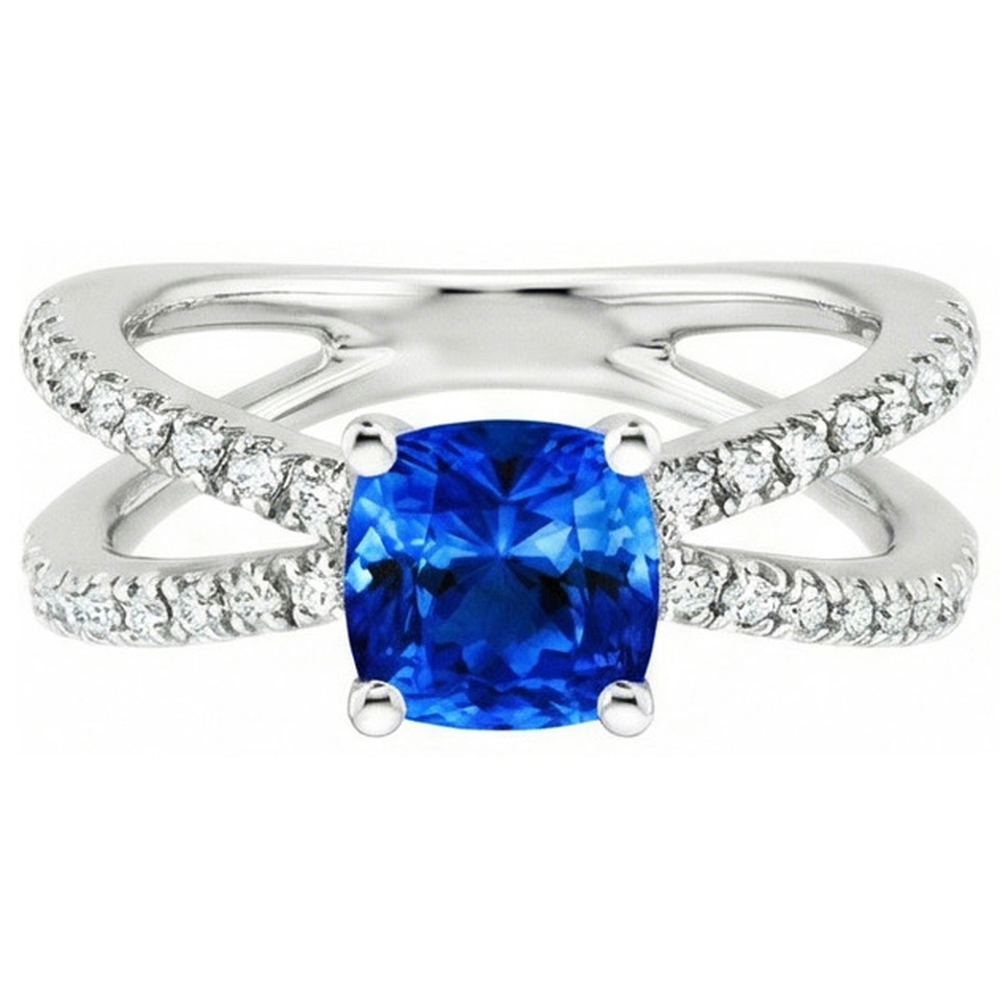 2.50 Carats Ceylon Sapphire With Natural Earth Mined Diamonds Ring White Gold 14K