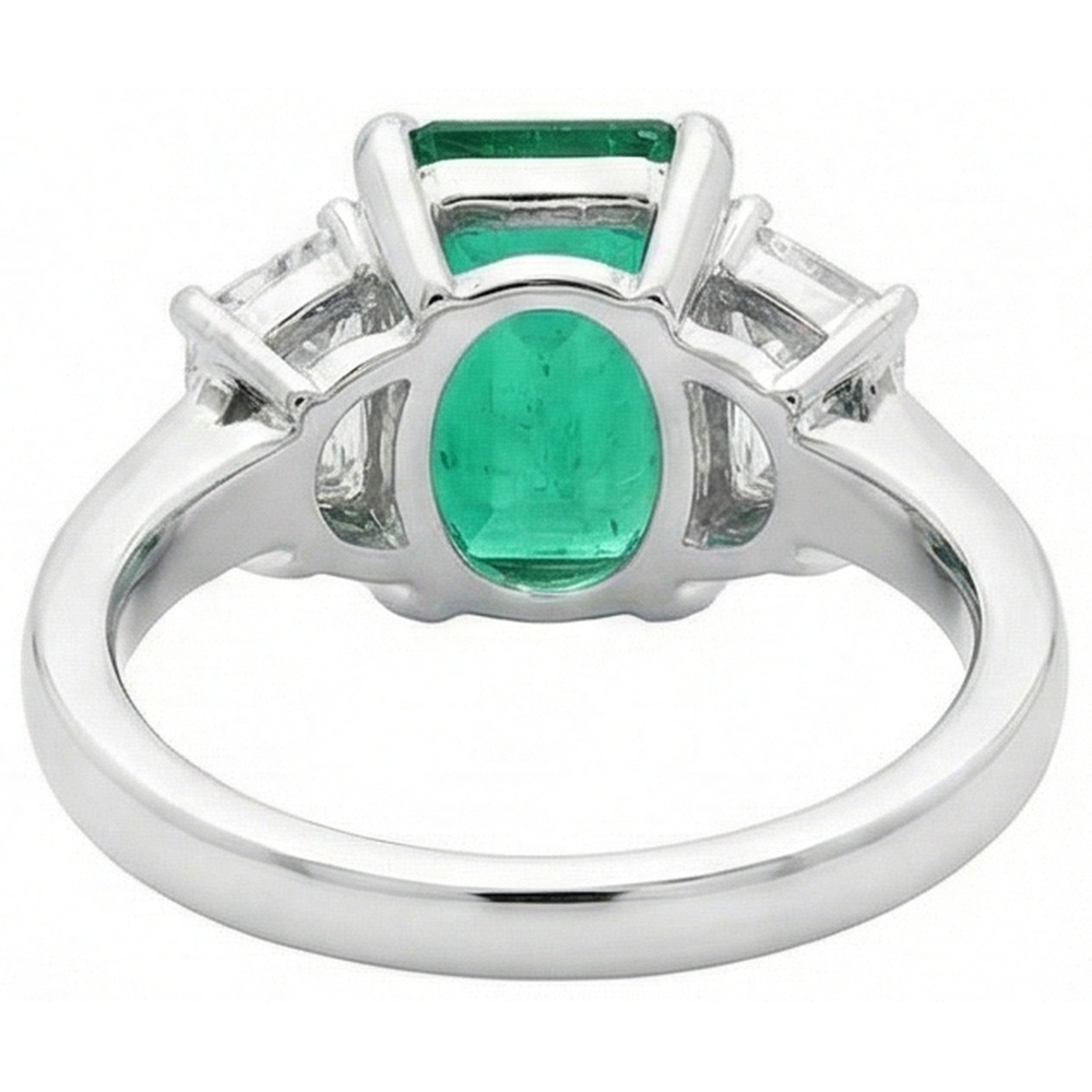 2.50 Carats Green Emerald GIA And Natural Earth Mined Diamond 3 Stone Ring White Gold 14K
