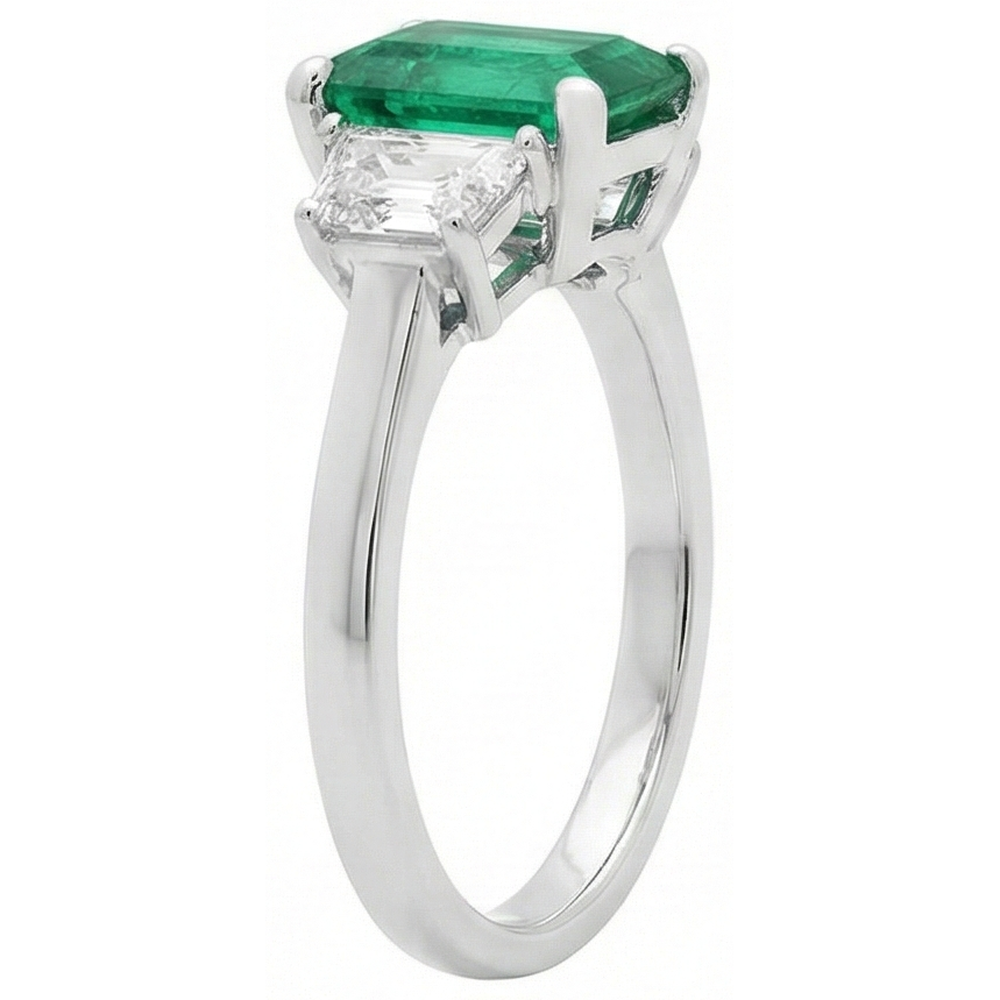 2.50 Carats Green Emerald GIA And Natural Earth Mined Diamond 3 Stone Ring White Gold 14K