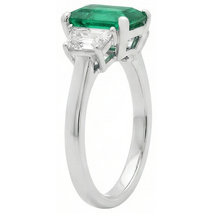 2.50 Carats Green Emerald GIA And Natural Earth Mined Diamond 3 Stone Ring White Gold 14K