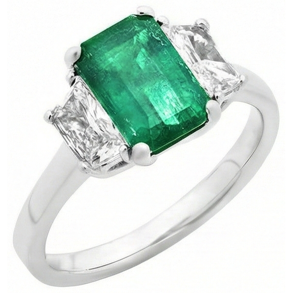 2.50 Carats Green Emerald GIA And Natural Earth Mined Diamond 3 Stone Ring White Gold 14K