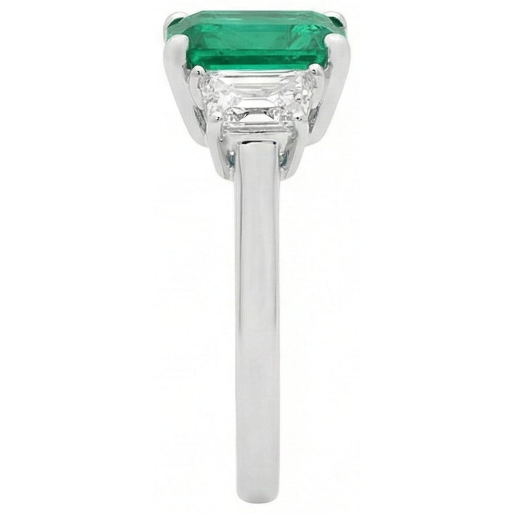 2.50 Carats Green Emerald GIA And Natural Earth Mined Diamond 3 Stone Ring White Gold 14K