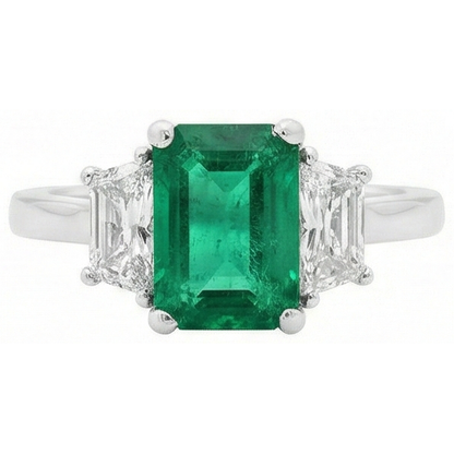 2.50 Carats Green Emerald GIA And Natural Earth Mined Diamond 3 Stone Ring White Gold 14K