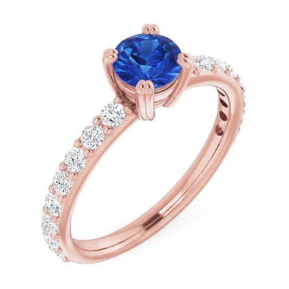 2.50 Carats Ring Rose Gold 14K Natural Earth Mined Diamond & Round Blue Sapphire