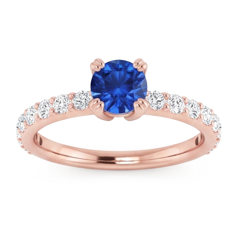 2.50 Carats Ring Rose Gold 14K Natural Earth Mined Diamond & Round Blue Sapphire