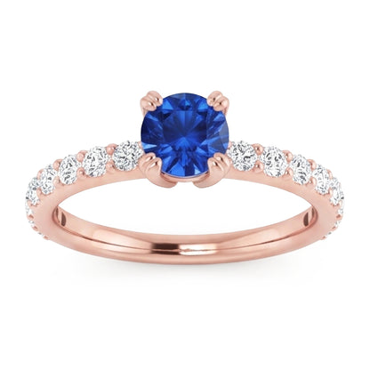 2.50 Carats Ring Rose Gold 14K Natural Earth Mined Diamond & Round Blue Sapphire