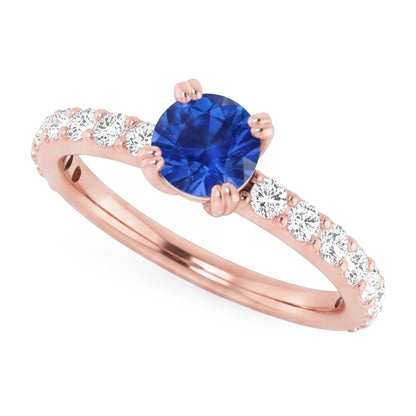 2.50 Carats Ring Rose Gold 14K Natural Earth Mined Diamond & Round Blue Sapphire