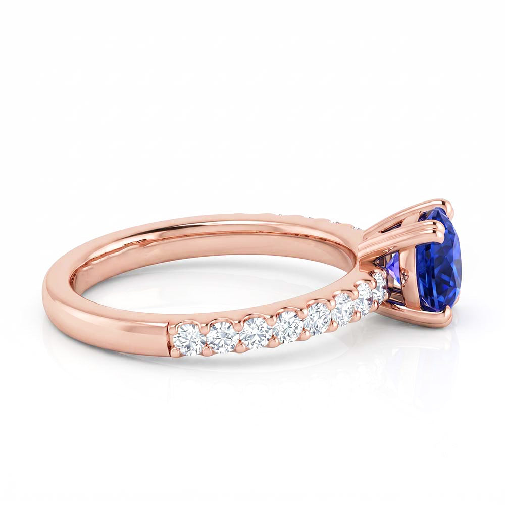 2.50 Carats Ring Rose Gold 14K Natural Earth Mined Diamond & Round Blue Sapphire
