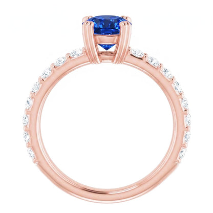 2.50 Carats Ring Rose Gold 14K Natural Earth Mined Diamond & Round Blue Sapphire