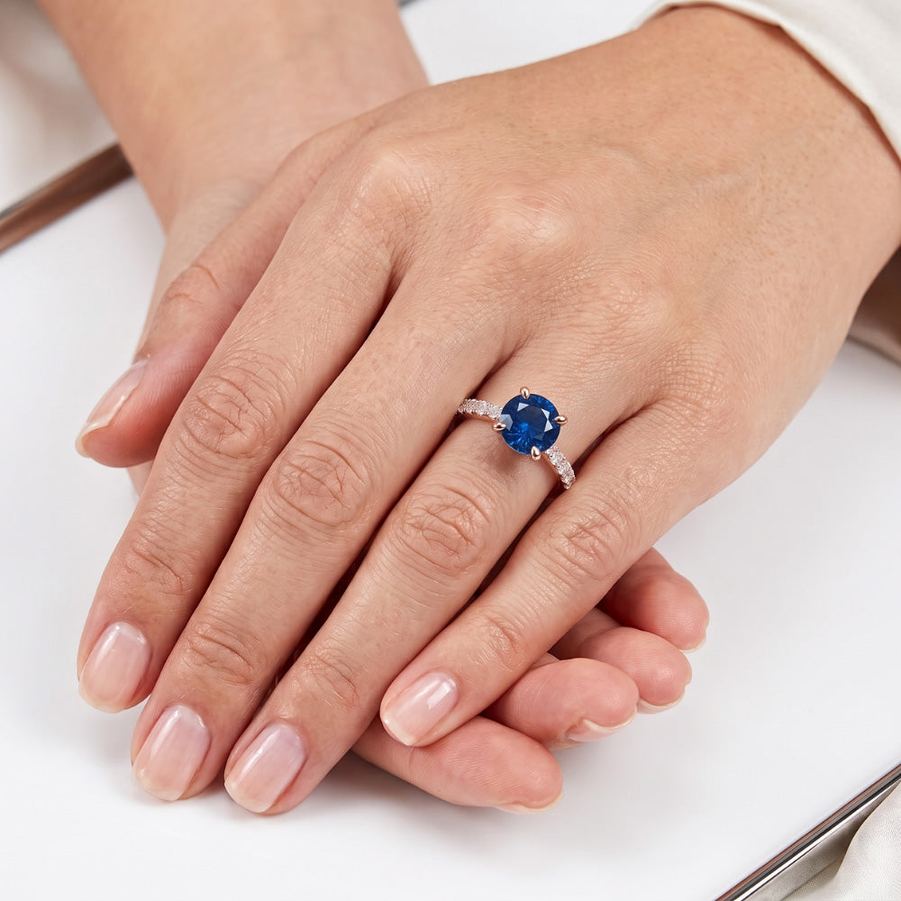 2.50 Carats Ring Rose Gold 14K Natural Earth Mined Diamond & Round Blue Sapphire