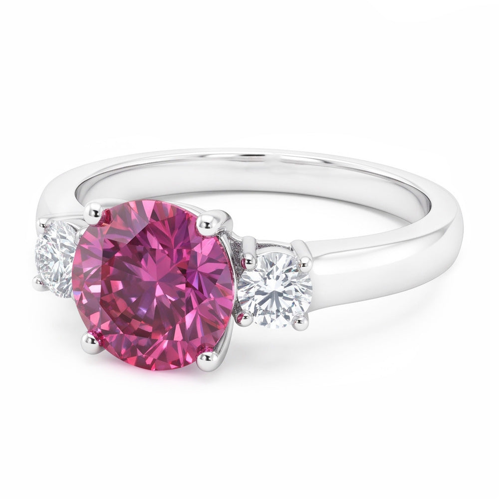 2.50 Carats Round Cut Pink Sapphire Three Stone Ring Gold White 14K