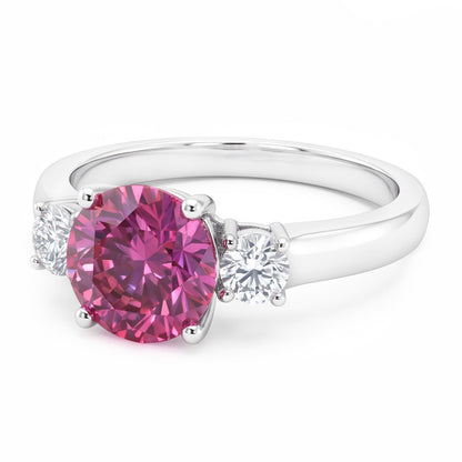 2.50 Carats Round Cut Pink Sapphire Three Stone Ring Gold White 14K