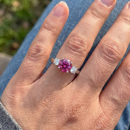2.50 Carats Round Cut Pink Sapphire Three Stone Ring Gold White 14K