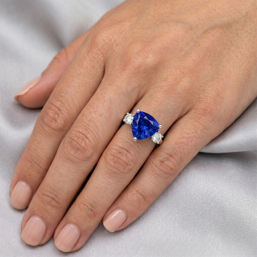 2.50 Ct. Ceylon Blue Sapphire Trillion Natural Earth Mined Diamonds 3-Stone Ring