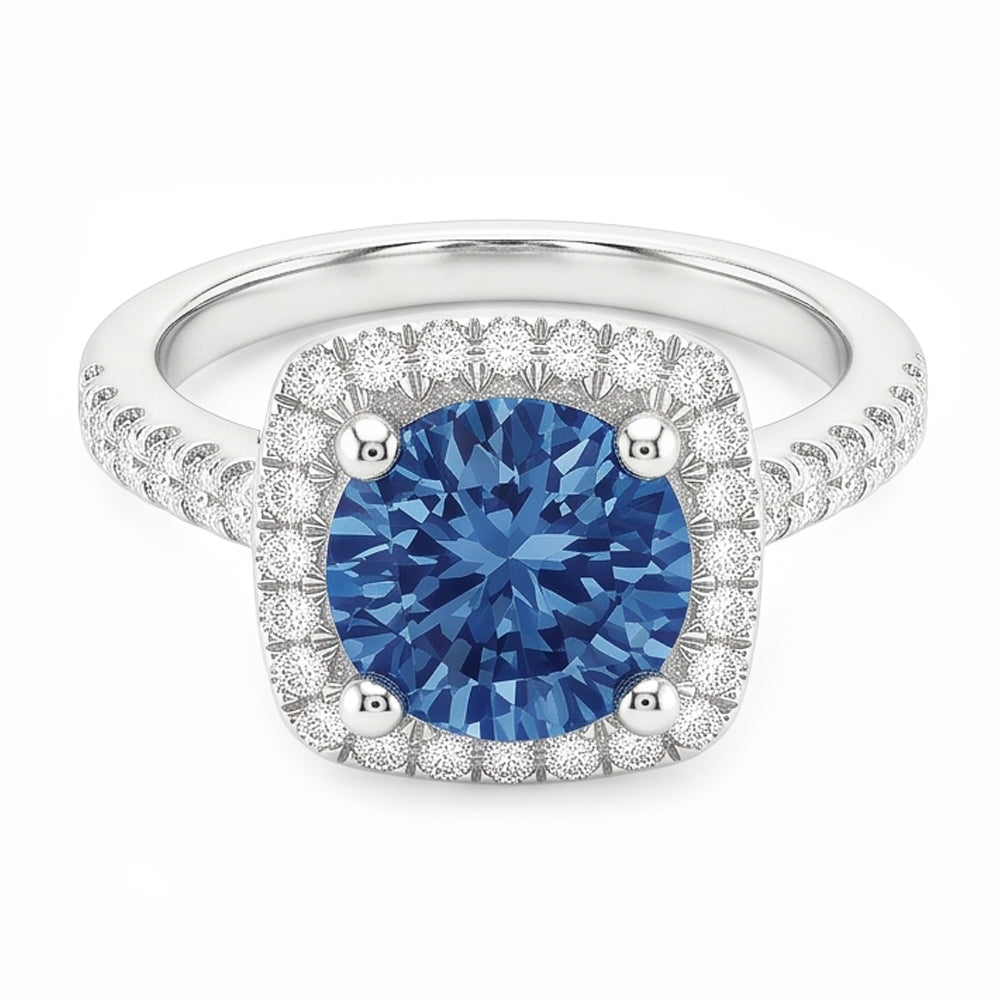 2.51 Ct. Round Blue & White Halo Gemstone Ring White Gold 14K