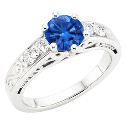 2.60 Carats Round Ceylon Sapphire Natural Earth Mined Diamonds Ring 14K White Gold