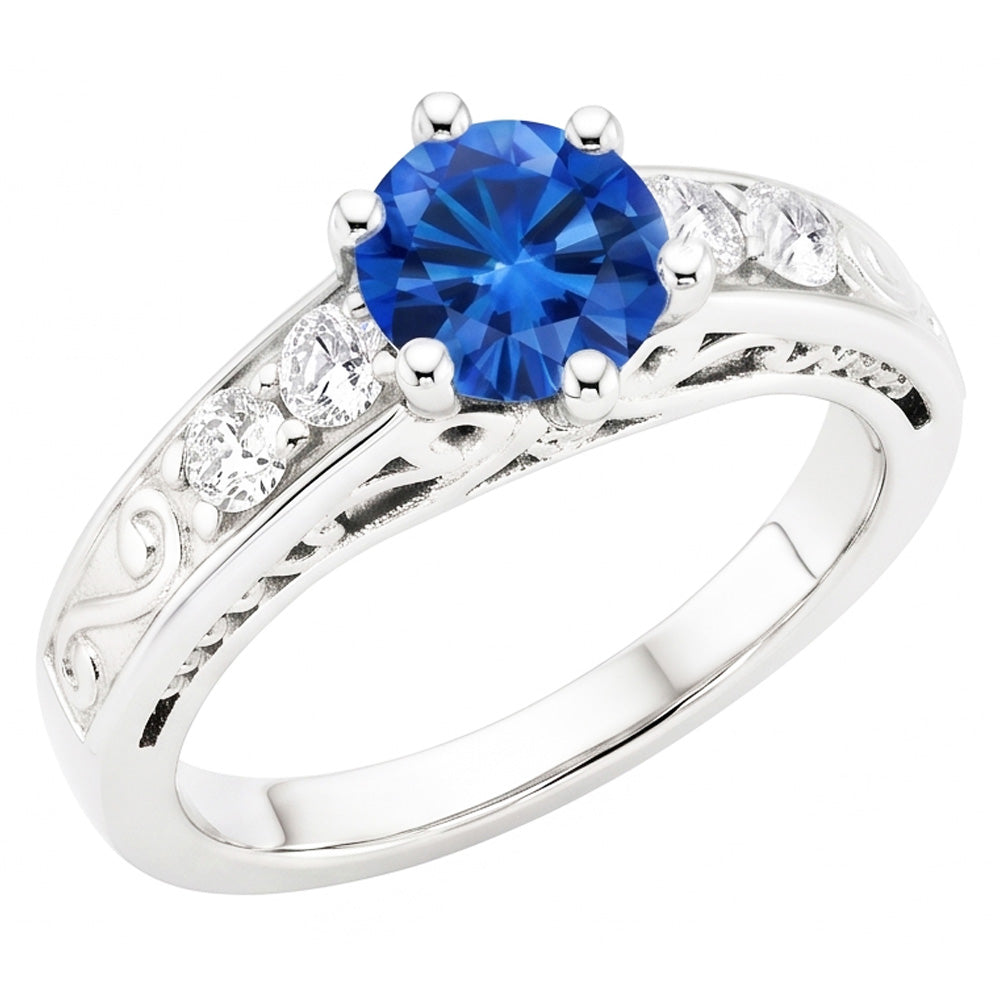 2.60 Carats Round Ceylon Sapphire Natural Earth Mined Diamonds Ring 14K White Gold