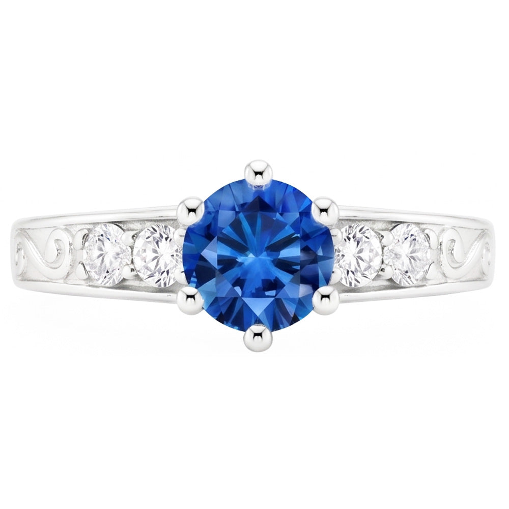 2.60 Carats Round Ceylon Sapphire Natural Earth Mined Diamonds Ring 14K White Gold