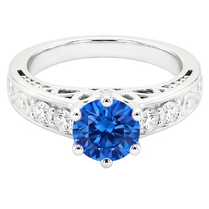 2.60 Carats Round Ceylon Sapphire Natural Earth Mined Diamonds Ring 14K White Gold