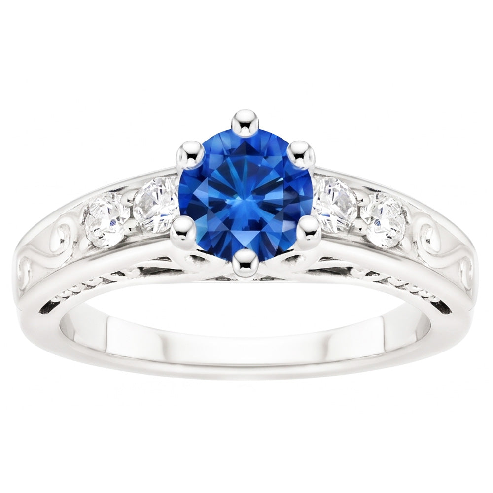 2.60 Carats Round Ceylon Sapphire Natural Earth Mined Diamonds Ring 14K White Gold