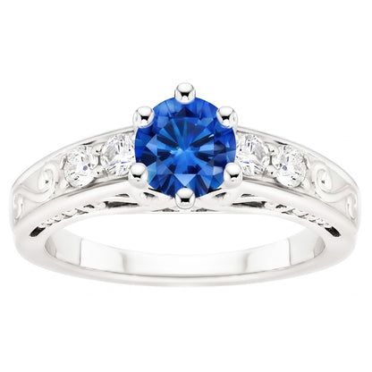 2.60 Carats Round Ceylon Sapphire Natural Earth Mined Diamonds Ring 14K White Gold