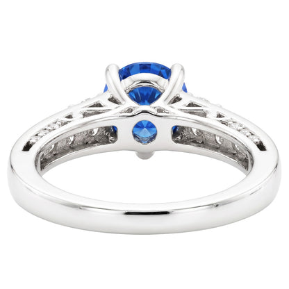 2.60 Carats Round Ceylon Sapphire Natural Earth Mined Diamonds Ring 14K White Gold