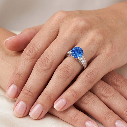 2.60 Carats Round Ceylon Sapphire Natural Earth Mined Diamonds Ring 14K White Gold