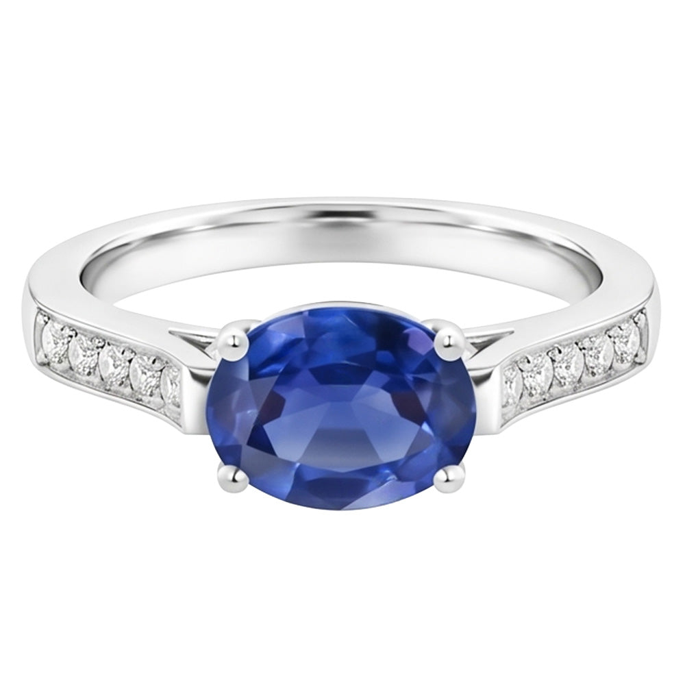 2.60 Ct Oval Sri Lanka Sapphire Natural Earth Mined Diamonds Ring 14K White Gold