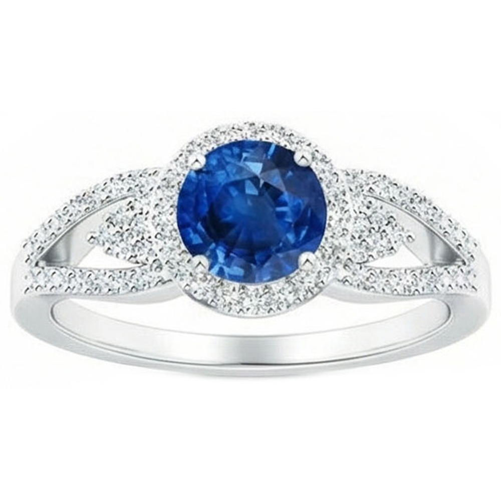 2.65 Ct Round Cut Sapphire And Natural Earth Mined Diamonds Ring White Gold
