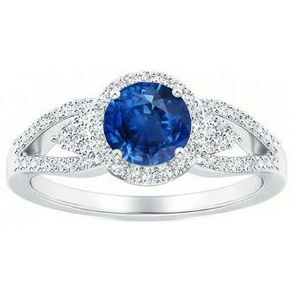 2.65 Ct Round Cut Sapphire And Natural Earth Mined Diamonds Ring White Gold